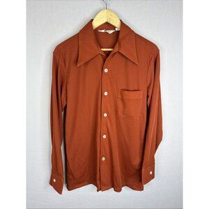 Vintage 70s Capri West Disco Shirt Rust Orange Big Collar Polyester 15.5 M